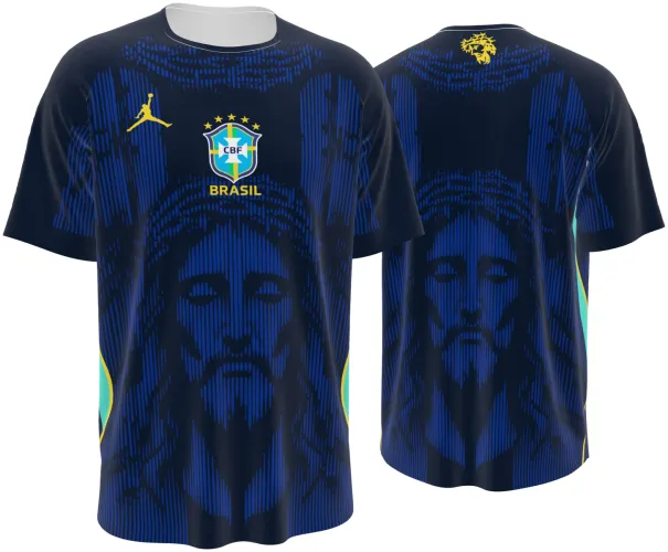 Camisa conceito do Brasil 2026 azul-marinho com o rosto do Cristo Redentor, frente e costas