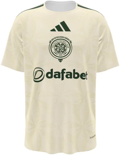 Camisa terceiro uniforme do Celtic 2026 - 2027 creme com trevos tom sobre tom, frente e costas