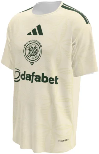 Camisa terceiro uniforme do Celtic 2026 - 2027 creme com trevos tom sobre tom, frente e costas