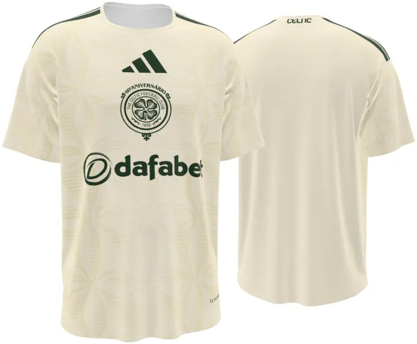 Camisa terceiro uniforme do Celtic 2026 - 2027 creme com trevos tom sobre tom, frente e costas