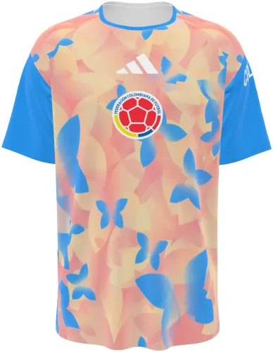 Camisa de pré-jogo da Colômbia 2026 pêssego com borboletas azuis, frente e costas