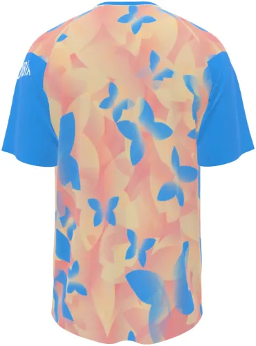Camisa de pré-jogo da Colômbia 2026 pêssego com borboletas azuis, frente e costas