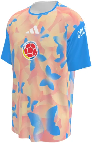Camisa de pré-jogo da Colômbia 2026 pêssego com borboletas azuis, frente e costas