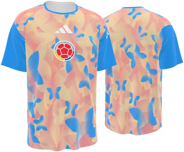 Camisa de pré-jogo da Colômbia 2026 pêssego com borboletas azuis, frente e costas