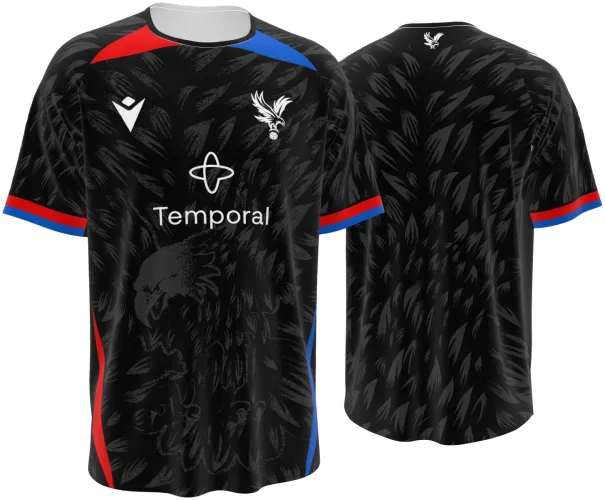 Camisa visitante do Crystal Palace 2026 - 2027 preta com plumagem tom sobre tom, frente e costas