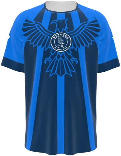 Camisa de pré-jogo do FC Motagua 2026 - 2027 azul com uma águia desenhada no peito, frente e costas