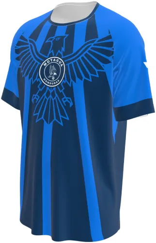 Camisa de pré-jogo do FC Motagua 2026 - 2027 azul com uma águia desenhada no peito, frente e costas