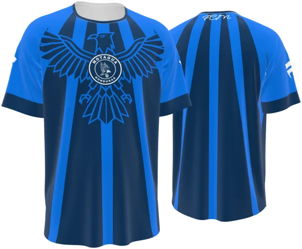 Camisa de pré-jogo do FC Motagua 2026 - 2027 azul com uma águia desenhada no peito, frente e costas