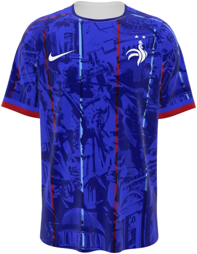 Camisa conceito da França 2026 azul com monumentos de Paris desenhados, frente e costas