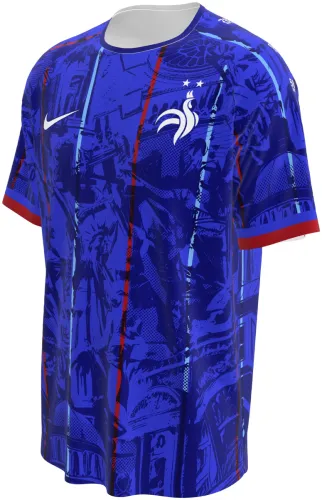 Camisa conceito da França 2026 azul com monumentos de Paris desenhados, frente e costas
