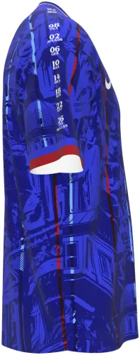 Camisa conceito da França 2026 azul com monumentos de Paris desenhados, frente e costas