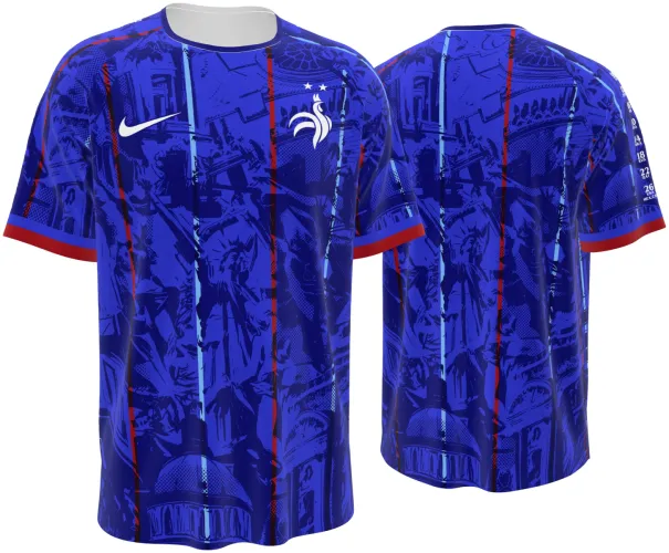 Camisa conceito da França 2026 azul com monumentos de Paris desenhados, frente e costas