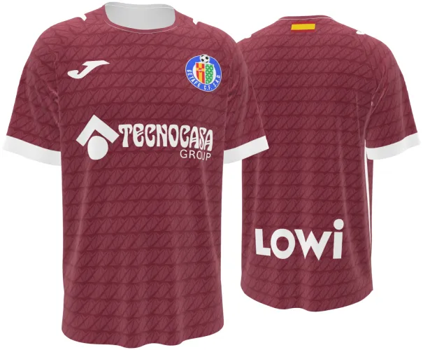 Camisa visitante do Getafe 2026 - 2027 bordô com trama de ondas tom sobre tom, frente e costas