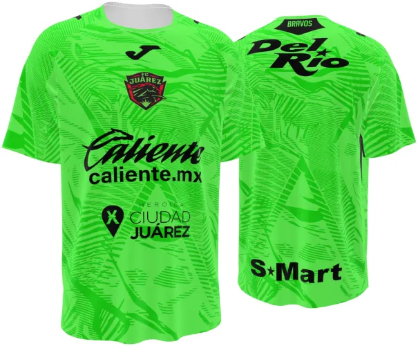 Camisa titular do Juárez FC 2026 - 2027 verde-neon com folhagem tom sobre tom, frente e costas