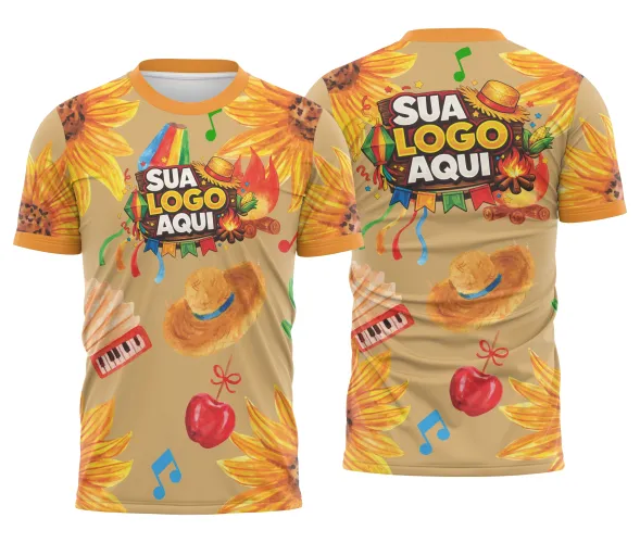 Modelo de camisa junina para equipe com logo e elementos tradicionais de Arraiá