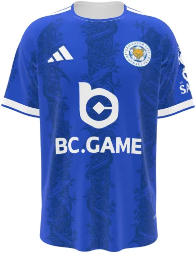 Camisa titular do Leicester City 2026 - 2027 azul com uma raposa desenhada tom sobre tom, frente e costas