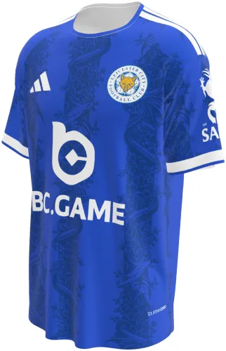 Camisa titular do Leicester City 2026 - 2027 azul com uma raposa desenhada tom sobre tom, frente e costas