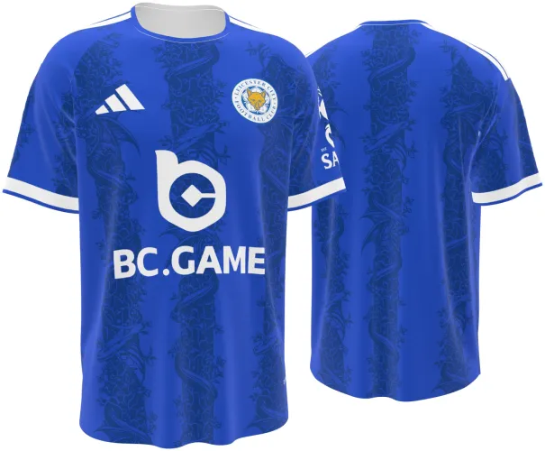 Camisa titular do Leicester City 2026 - 2027 azul com uma raposa desenhada tom sobre tom, frente e costas