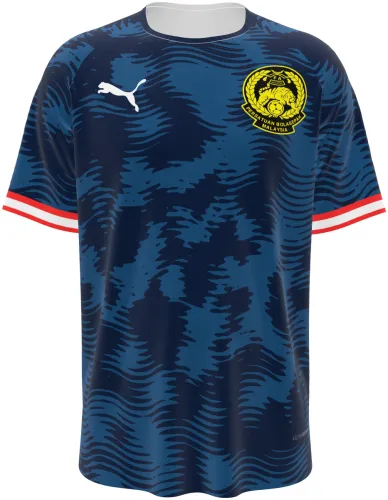 Camisa visitante da Malásia 2026 - 2027 azul-marinho com listras de tigre, frente e costas