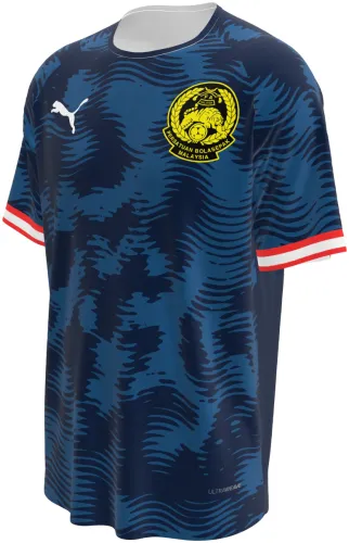 Camisa visitante da Malásia 2026 - 2027 azul-marinho com listras de tigre, frente e costas