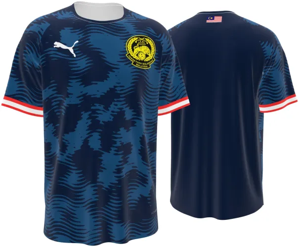 Camisa visitante da Malásia 2026 - 2027 azul-marinho com listras de tigre, frente e costas