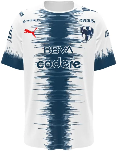 Camisa visitante do Monterrey 2026 - 2027 branca com coluna de riscos azuis, frente e costas