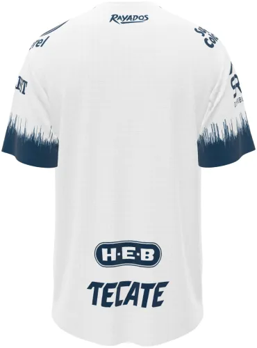 Camisa visitante do Monterrey 2026 - 2027 branca com coluna de riscos azuis, frente e costas