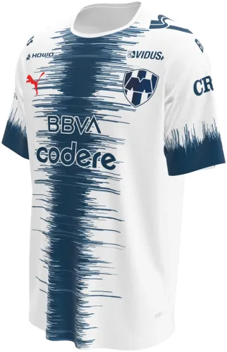 Camisa visitante do Monterrey 2026 - 2027 branca com coluna de riscos azuis, frente e costas