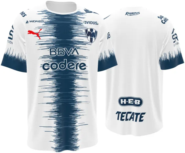 Camisa visitante do Monterrey 2026 - 2027 branca com coluna de riscos azuis, frente e costas