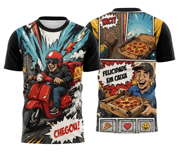 Camisa com logo no peito e estampa grande nas costas mostrando desenhos em estilo quadrinhos que representam a felicidade de receber uma pizza com motoboy simpático