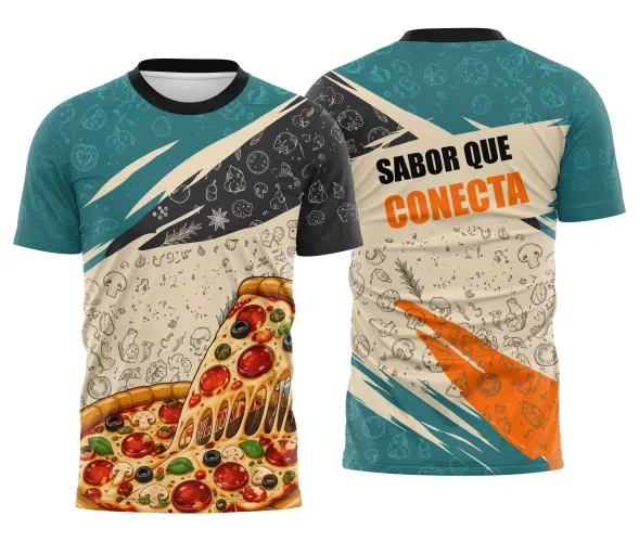 Camisa com logo no peito em cores turquesa e creme, destaque para estampa grande nas costas com design saboroso que transmite conexão e energia, ideal para ambientes de pizzaria e eventos gastronômicos.