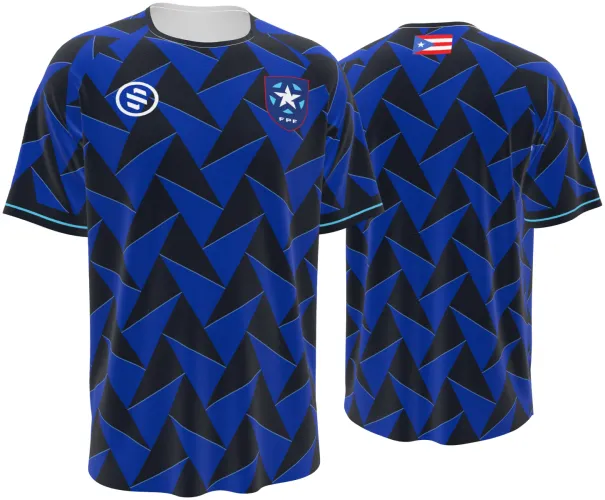 Camisa titular de Porto Rico 2026 azul com setas geométricas, frente e costas