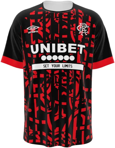 Camisa terceiro uniforme do Rangers FC 2026 - 2027 preta com blocos vermelhos, frente e costas