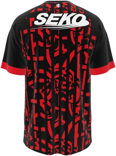Camisa terceiro uniforme do Rangers FC 2026 - 2027 preta com blocos vermelhos, frente e costas