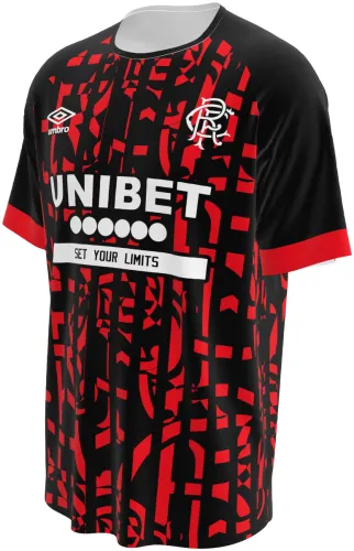 Camisa terceiro uniforme do Rangers FC 2026 - 2027 preta com blocos vermelhos, frente e costas
