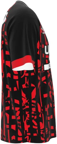 Camisa terceiro uniforme do Rangers FC 2026 - 2027 preta com blocos vermelhos, frente e costas