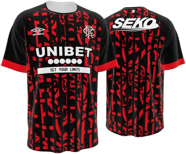 Camisa terceiro uniforme do Rangers FC 2026 - 2027 preta com blocos vermelhos, frente e costas