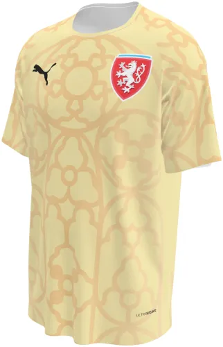 Camisa de goleiro da República Tcheca 2026 amarela com rosáceas góticas, frente e costas