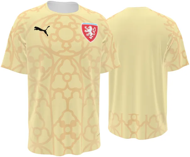 Camisa de goleiro da República Tcheca 2026 amarela com rosáceas góticas, frente e costas