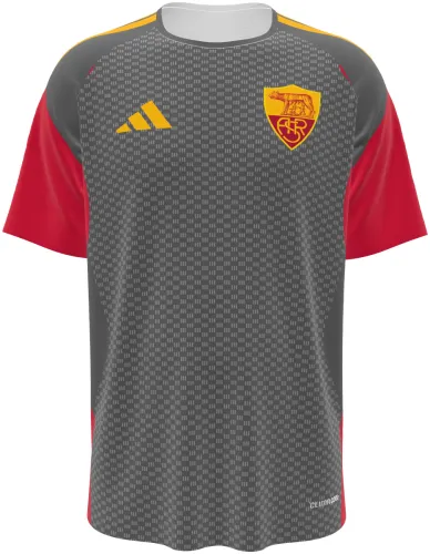 Camisa de treino da Roma 2026 - 2027 cinza com xadrez fino e mangas vermelhas, frente e costas