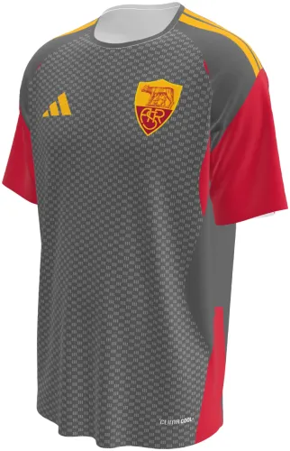 Camisa de treino da Roma 2026 - 2027 cinza com xadrez fino e mangas vermelhas, frente e costas