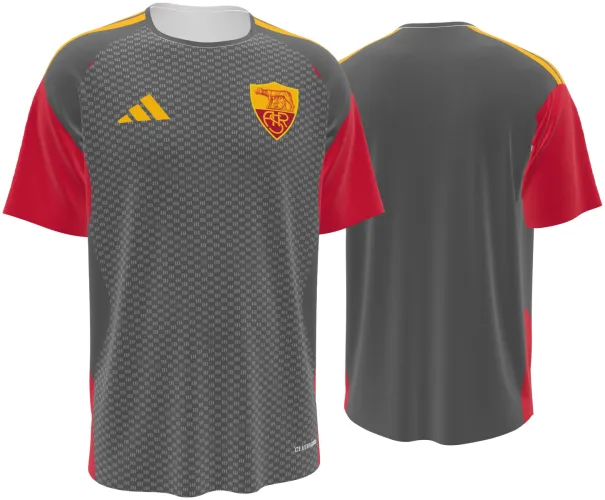Camisa de treino da Roma 2026 - 2027 cinza com xadrez fino e mangas vermelhas, frente e costas