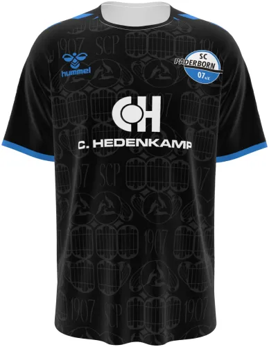 Camisa titular do SC Paderborn 2026 - 2027 preta com monograma repetido, frente e costas
