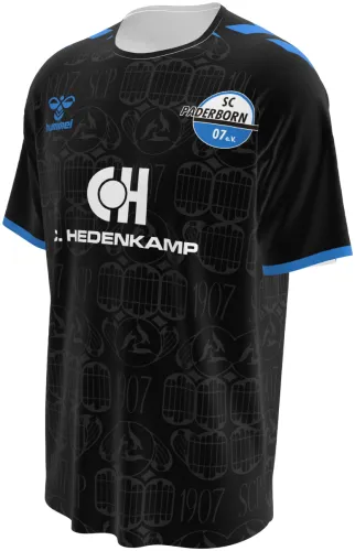 Camisa titular do SC Paderborn 2026 - 2027 preta com monograma repetido, frente e costas