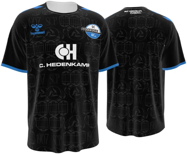 Camisa titular do SC Paderborn 2026 - 2027 preta com monograma repetido, frente e costas