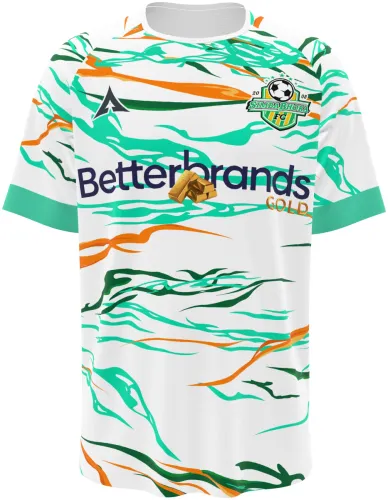 Camisa visitante do Simba Bhora 2025 branca com ondas verdes e laranjas, frente e costas