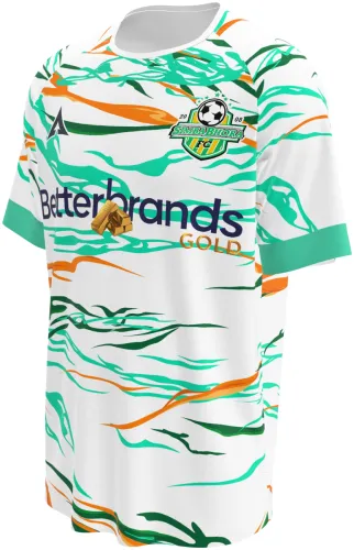 Camisa visitante do Simba Bhora 2025 branca com ondas verdes e laranjas, frente e costas