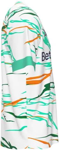 Camisa visitante do Simba Bhora 2025 branca com ondas verdes e laranjas, frente e costas