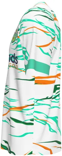 Camisa visitante do Simba Bhora 2025 branca com ondas verdes e laranjas, frente e costas