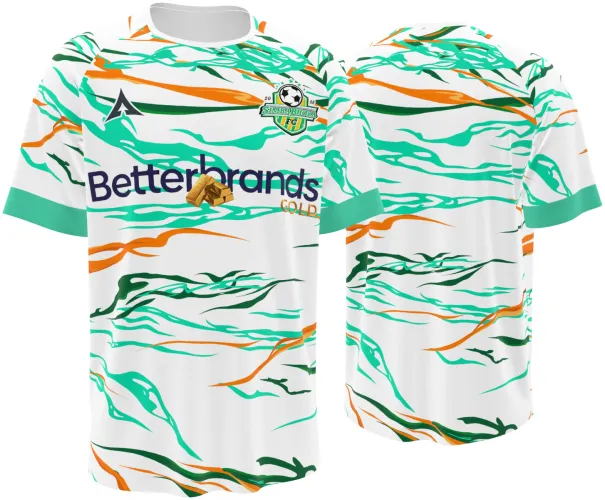Camisa visitante do Simba Bhora 2025 branca com ondas verdes e laranjas, frente e costas